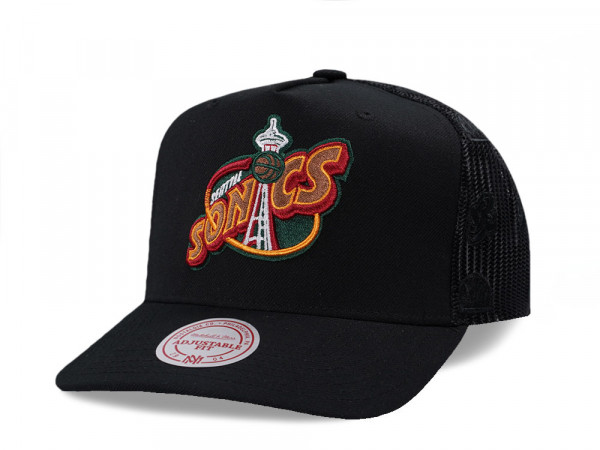 Mitchell & Ness Seattle Supersonics Black Monogram Trucker Edition Snapback Cap